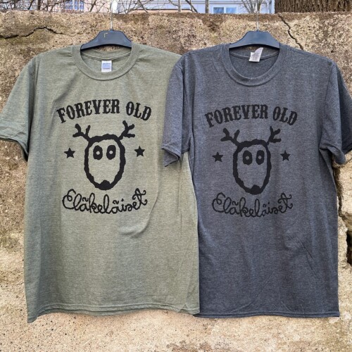 mainoskuva t-paidasta jossa teksti Forever Old, poron pää ja teksti Eläkeläiset