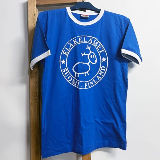Sinivalkoinen leimakuvainen t-paita pienehkö M