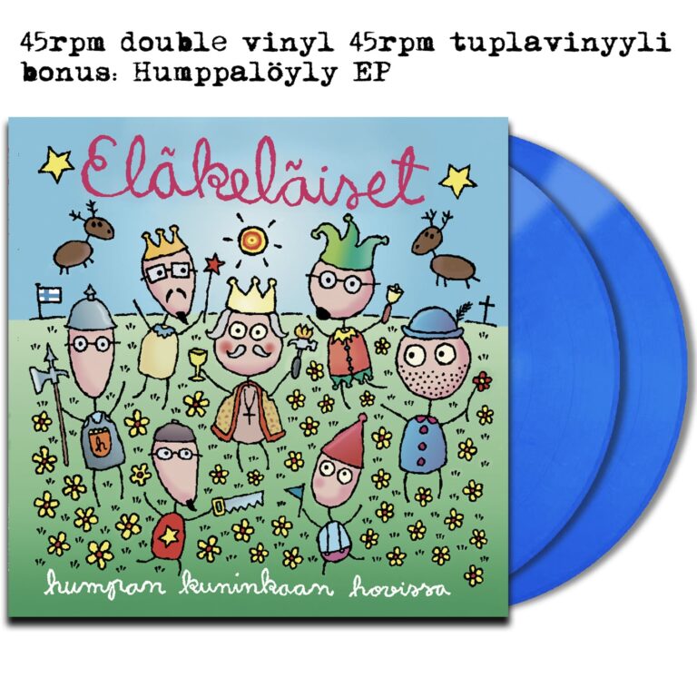 Humpan kninkaan hoviss levyn vinyyliversion kansi ja kaksi sinistä vinyyylilevyä