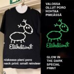 paita jossa on poro ja toisessa kuvassa valkoisella painettu poro loistaa vihreänä